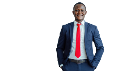 A confident smiling businessman in a navy blue suit and red tie stands with his hands in his pockets, looking directly at the camera.