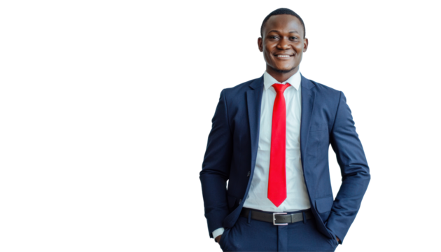 A confident smiling businessman in a navy blue suit and red tie stands with his hands in his pockets, looking directly at the camera.