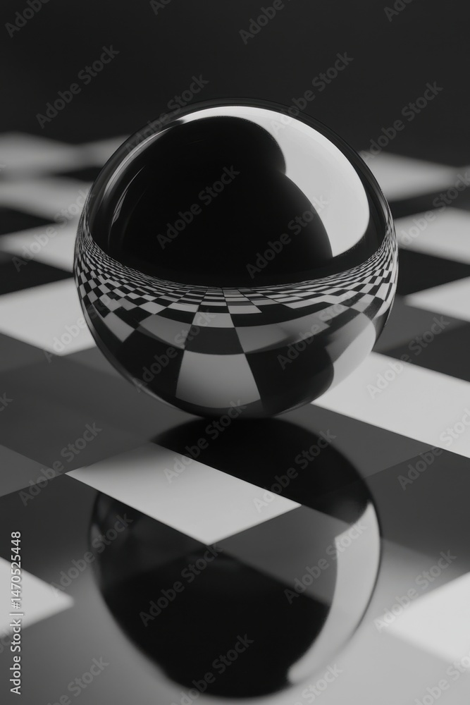 Poster polished sphere resting on checkered pattern