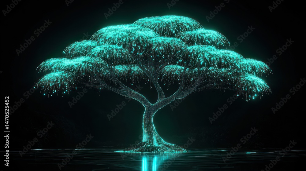 Poster A luminous digital tree shines in a dark reflecting environment