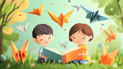 Children reading book origami