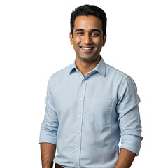 Fototapeta premium Happy Young Man in Light Blue Shirt Portrait Smiling Casual Friendly Look