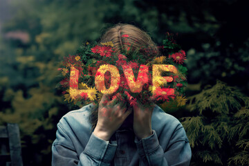 Love in Bloom: A person expresses deep emotion, symbolized by the word "LOVE" interwoven with vibrant flowers, evoking feelings of emotional connection and vulnerability.