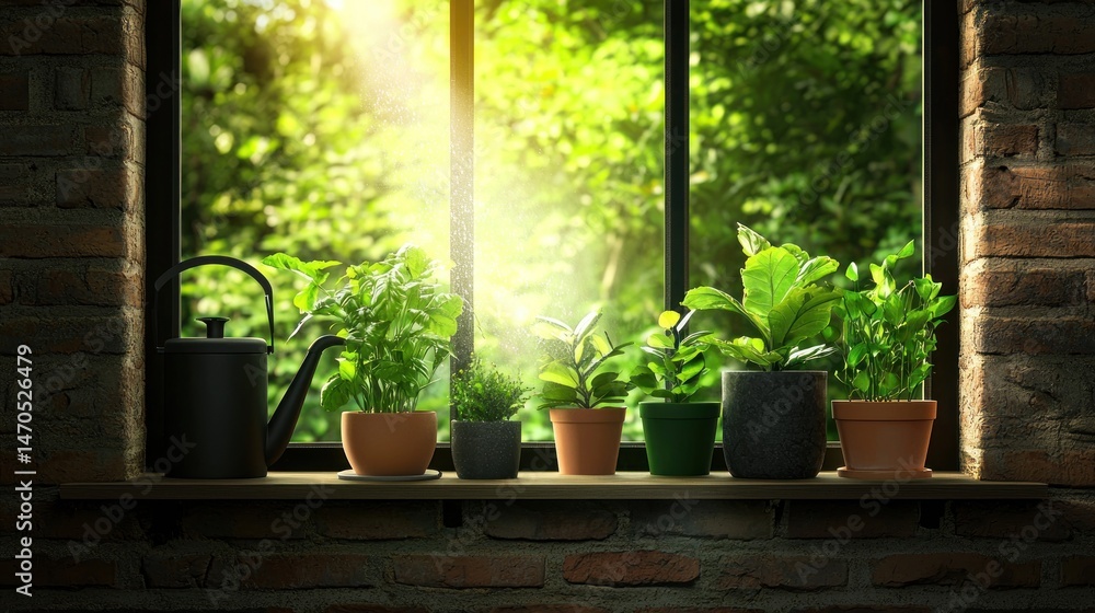 Poster several potted plants displayed inside of a window sill