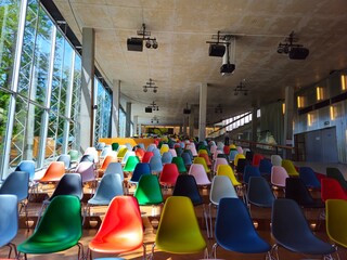 Image of a colorful chairs. Colorful chairs. Conference hall.