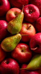 Red Apples and Green Pears with Water Droplets