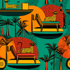 Repeating Pattern: Leopards on Chaise Lounges with Palm Trees
