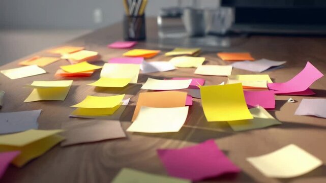 Creative brainstorming session with colorful sticky notes scattered on a desk in dynamic camera close-up motion animation