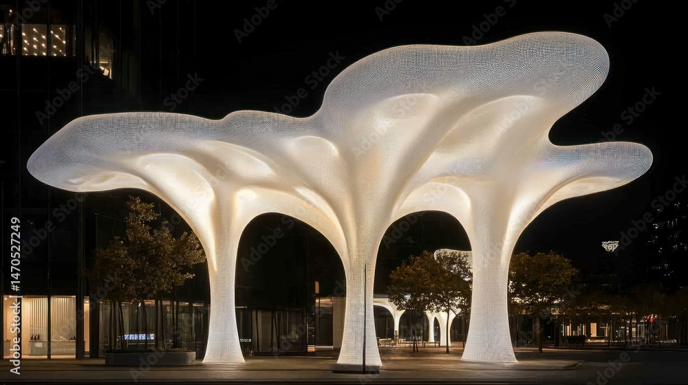 Poster futuristic architectured modern illuminated abstract structure standing in the urban night