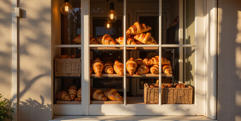 Freshly baked croissants displayed in a bakery window  