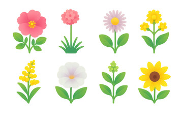 Coastal summer blooms icon set: floral, nature, garden, daisy, tulip, sunflower, blossom, greenery. Flat icon set