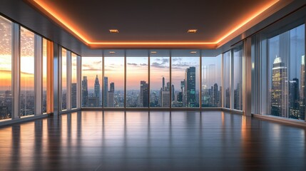 Stunning Cityscape View from Modern Office with Warm Lighting