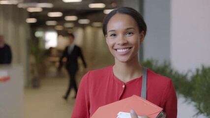 Smiling HR Staff Member Welcoming New Team with Informative Packet in a Modern Office Environment