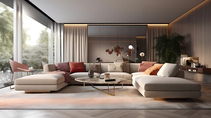 Fototapeta premium An Inviting Interior of a Luxury Living Room with a Large Sectional Sofa and Natural Light