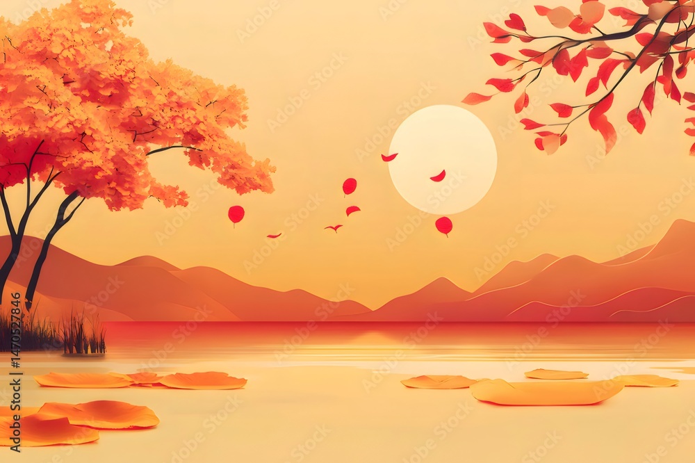 Aufkleber オレンジ色の葉と山々が夕暮れ時に湖面に反射するピクセルアートの秋の風景