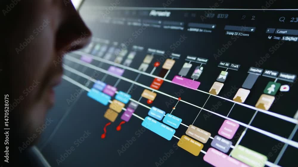 Poster detailed view of a professional focusing on project roadmap displayed on a screen with reflection ef