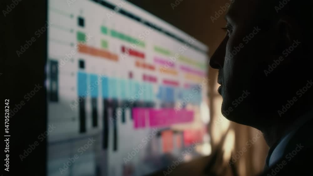 Poster detailed side view of professional analyzing project roadmap on screen in motion with slow dolly mov