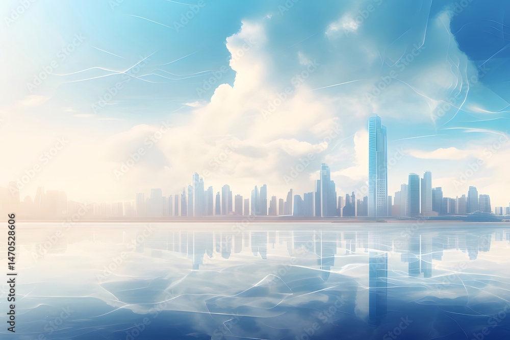 Aufkleber 青い空と雲を背景にした水面に反射するモダンな都市景観 高層ビルが立ち並ぶ未来的な都市のスカイラインの風景