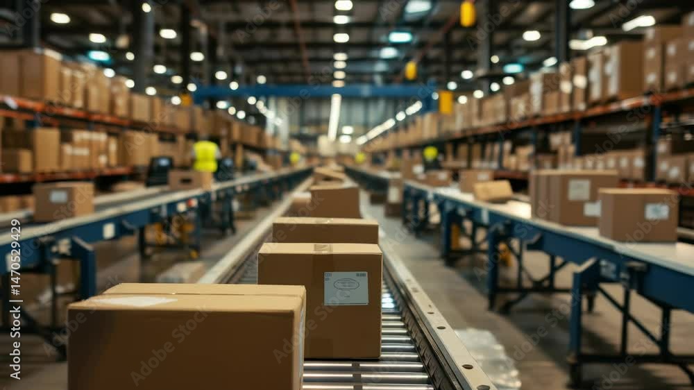 Poster the image captures vibrant warehouse scene with packages on conveyor belts. shelves stacked high wit