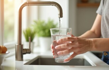 Plakat Woman hand fills glass water from tap. Crystal clear water flows from faucet into glass. Kitchen interior. Healthy lifestyle. Hydration, drink, refreshment, clean water supply.