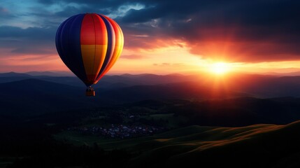 Obraz premium A vibrant hot air balloon drifts peacefully through the sky at sunset. The landscape features rolling hills and a small village nestled below, illuminated by warm golden light