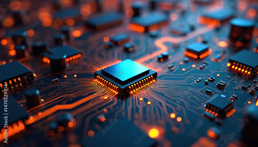 Poster electronic circuit board with microchip, technology background. computer motherboard, processor, int