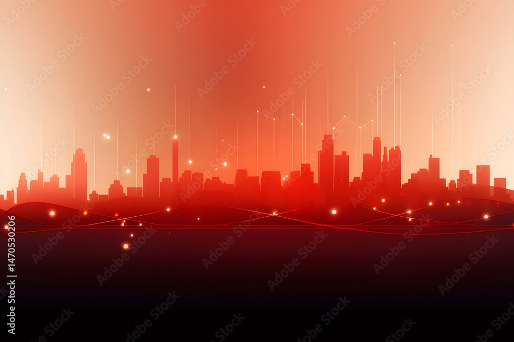 Poster 赤い光と輝きのある未来的な都市のスカイラインのシルエット 夜の都市景観 建築物の背景 抽象的なデジタルグラフィックデザイン