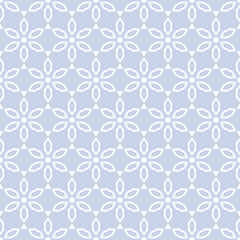 Minimal abstract seamless pattern in asian style. Vector floral geometric ornament. Light blue texture with small stars, flowers, diamonds, lattice. Elegant modern oriental background. Repeated design