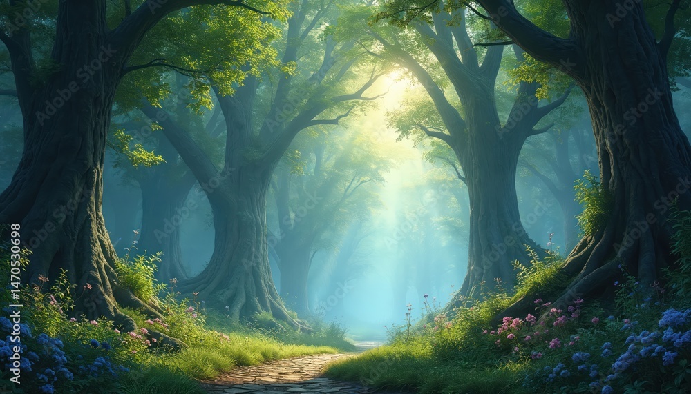 Poster path through rich forest with large trees, green foliage. sunlight filters through branches creating