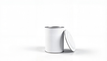 Cylindrical paint can with lid detached on white background, mockup concept