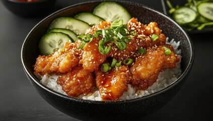 Fototapeta premium Crispy glazed chicken over rice with cucumber
