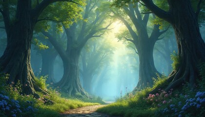Fototapeta premium Path through rich forest with large trees, green foliage. Sunlight filters through branches creating dreamy atmosphere. Flowers bloom along pathway, inviting nature walk. Serene eco-friendly travel,