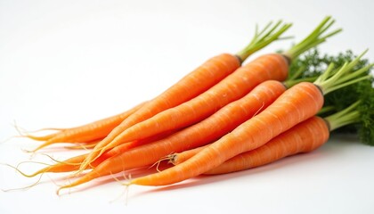 Fresh carrots arranged white background. Pile of raw orange carrots with green stems. Healthy food organic vegetables. Diet nutrition. Vitamin rich food. Ingredient for dishes.