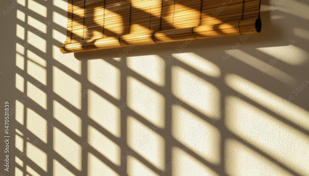 Poster sunlight streams through bamboo blinds, casting patterned shadows across a textured wall in a minima