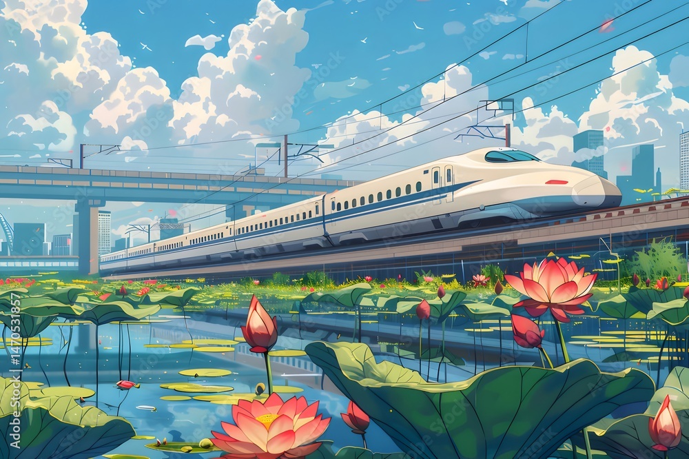 Aufkleber 晴れた日に高速鉄道と蓮の池がある日本の風景を描いたデジタルアートワーク