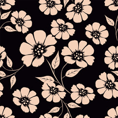 Artistic simple branches flowers peonies, dahlia and buds with leaves seamless pattern. Vector hand drawn. Retro, vintage, pastel print. Template for design, fabric, fashion, wallpaper, textile
