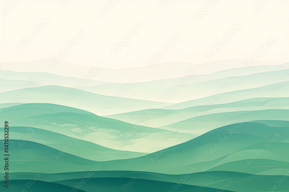 Poster 静かで平和な緑の山々の層状の風景 穏やかな自然の背景 グラデーションの霞がかった山のパノラマ風景