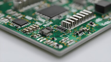 Fototapeta premium Inspect a Precision-Cut Circuit Board Slice in Front View Highlighting Intricate Trace Patterns and Electronic Component Layers