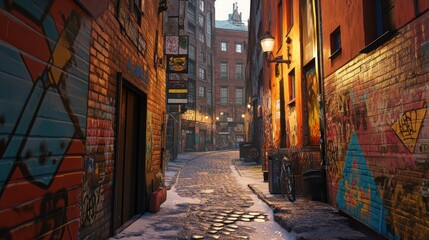 Snowy alleyway, urban scene, graffiti art, winter morning, city backdrop