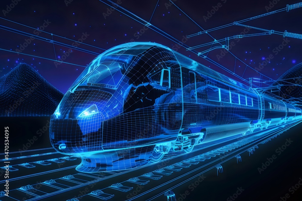 Poster 青い抽象的な未来的な列車ドットと線で構成された交通技術のビジョン