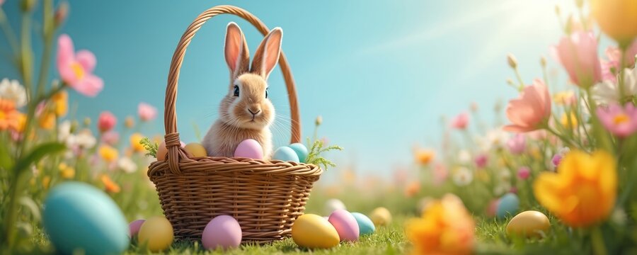 Cute bunny sits basket colorful easter eggs in flower garden. Happy Easter holiday scene against blue sky. Spring blossom, sunny daylight, holiday fun.