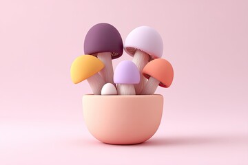 Pastel Mushrooms Pot Cute Fungi Pink Background.