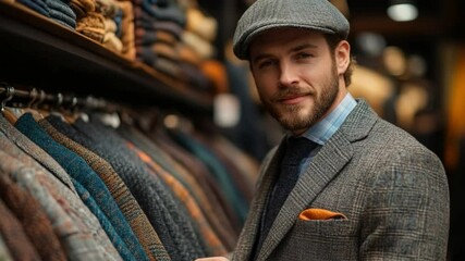 Stylish Shopper: A discerning gentleman in a stylish cap and tailored suit examines a selection of fine garments, exuding confidence and refined taste in a high-end boutique.
