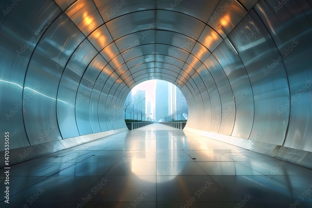 Poster 光沢のある銀色のアーチ型トンネルの内部 未来都市への通路 建築とデザインの反射とぼかし効果