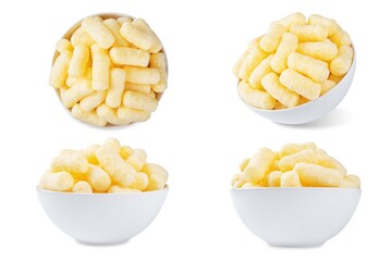 Corn sticks in a white bowl on a white isolated background