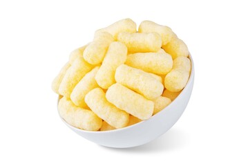 Corn sticks in a white bowl on a white isolated background