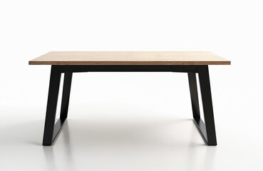Fototapeta premium Modern wooden table. Stylish dining table with natural wood top and black metal legs. Perfect for dining room kitchen living room home office. Minimalist decor. White background, isolated design.