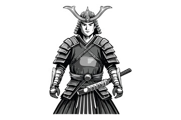 Fototapeta premium Black and white portrait of a Japanese samurai warrior or shogun in helmet and armor