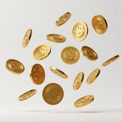 Gold coins falling on white background