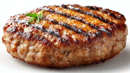 A grilled juicy beef patty, isolated on a white background